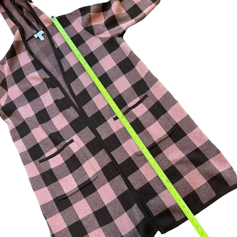 D&CO. HOODED OPEN FRONT BROWN AND PINK BUFFALO PLAID CARDIGAN DUSTER